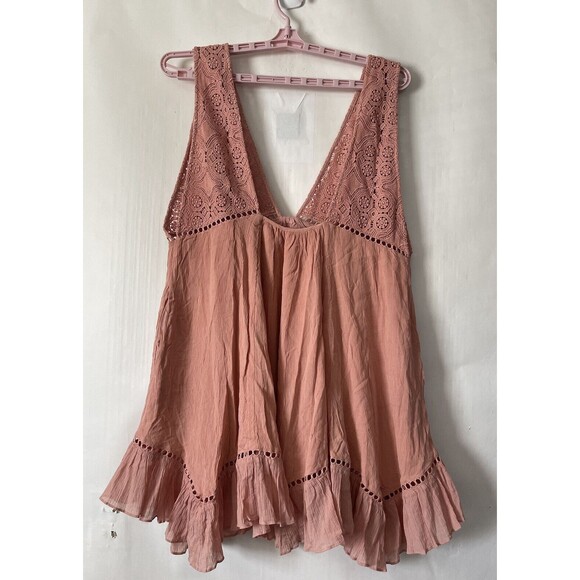 FREE PEOPLE Freya Mini Dress w/ Pockets & Lace Accents - Peach - Large NWOT - Picture 4 of 11